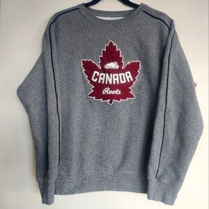 Unisex Roots Heather Gray Crewneck Sweater with Burgundy Maple Leaf